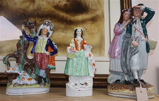 Five Staffordshire figural groups, three others, scent bottle and Imari dish